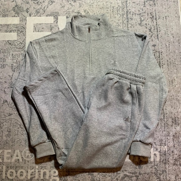 ALO Yoga Tops - Alo Yoga Grey Heather Quarter Zip Pullover and Open Leg Sweatpants Set Medium